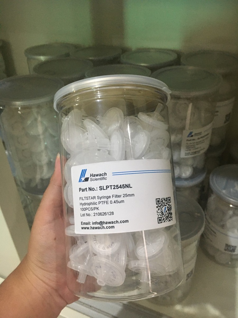 Syringe Filter PTFE Hydrophilic Diameter 25mm Pori 0.45um Brand Hawach